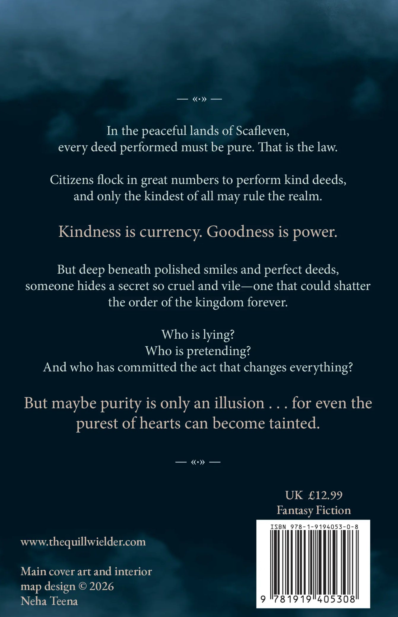 The Quillwielder In A Fog Of Lies paperback YA fantasy novel book cover back with blurb